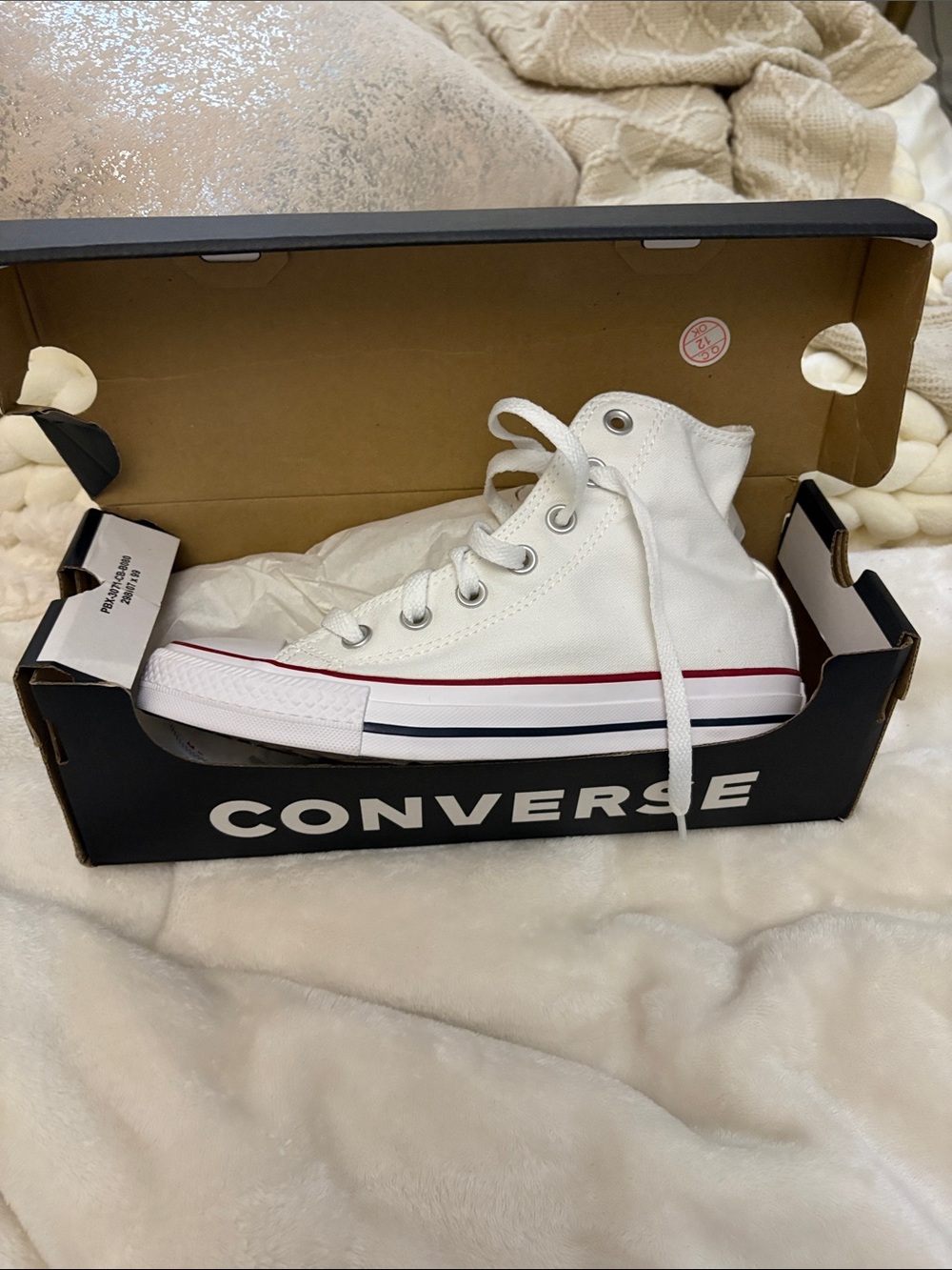 Converse White High Top Sneakers with Red and Blue Stripes